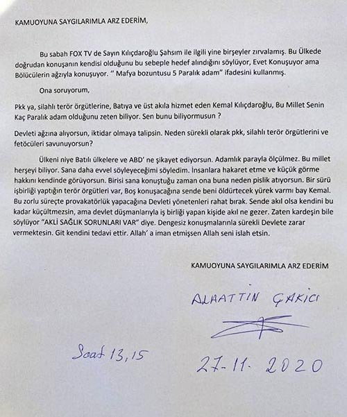 Alaattin Çakıcı'dan Kemal Kılıçdaroğlu'na mektup