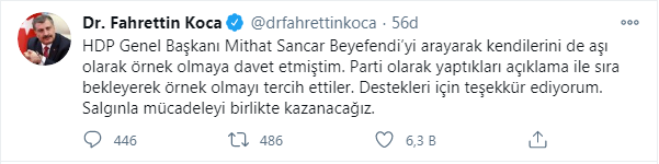 Sağlık Bakanı Fahrettin Koca'dan HDP'li başkanlara teşekkür